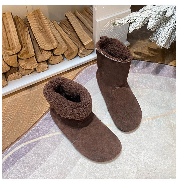 Bốt ngắn nữ da bò lót lông cừu, cổ có thể lật, gót 4 cm — Màu caramel, Màu mơ, Màu nâu đậm chi tiết 32