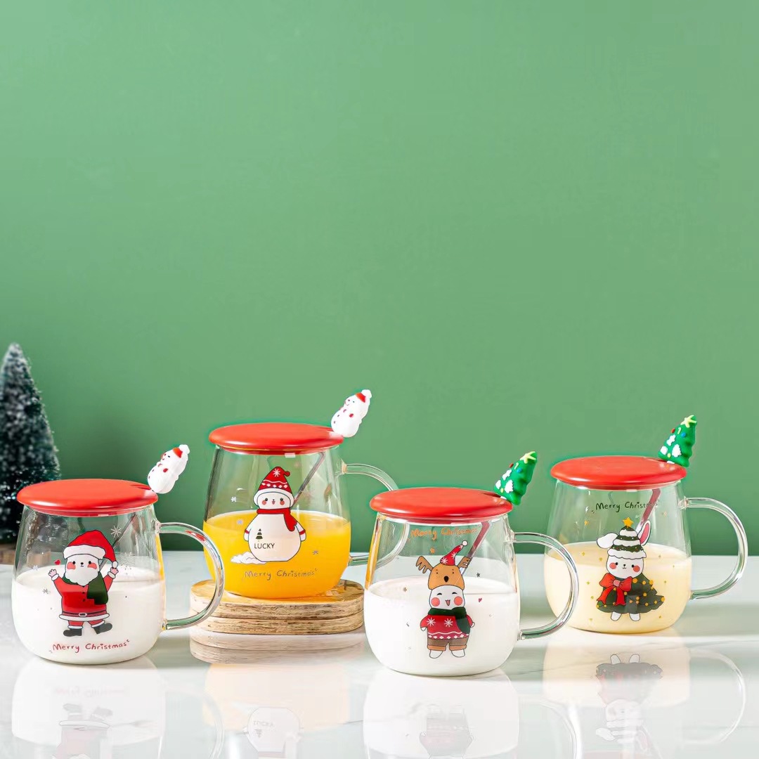 Creativo personalizado vidrio árbol de Navidad ancianos taza de agua regalo dibujos animados muñeco de nieve taza con tapa cuchara taza de café