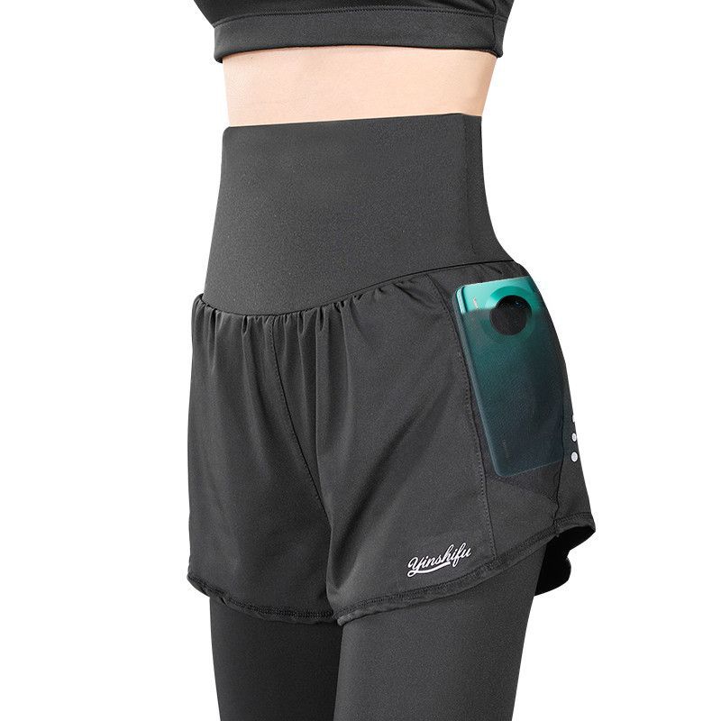 Primavera y verano, cintura alta y grasa MM, pantalones deportivos falsos de dos piezas, pantalones de mujer, yoga rápido, siete puntos, carrera, comercio exterior de otoño grande