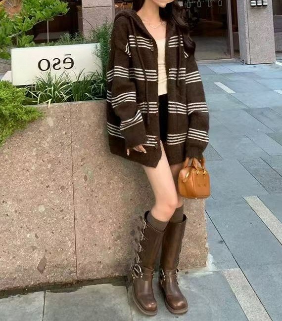Suéter con capuz a rayas de contraste de color mujer otoño invierno coreano relajado vento largo cardigan de punto chaqueta image 11