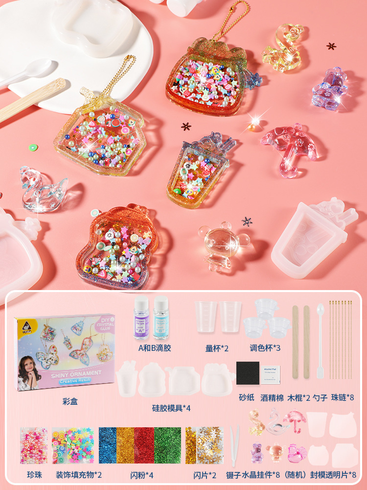 Accesorios de epoxi de cristal de bricolaje hechos a mano para niños, paquete de material, pintura de pegamento sin hornear, mochila, accesorios colgantes, juguetes de juego