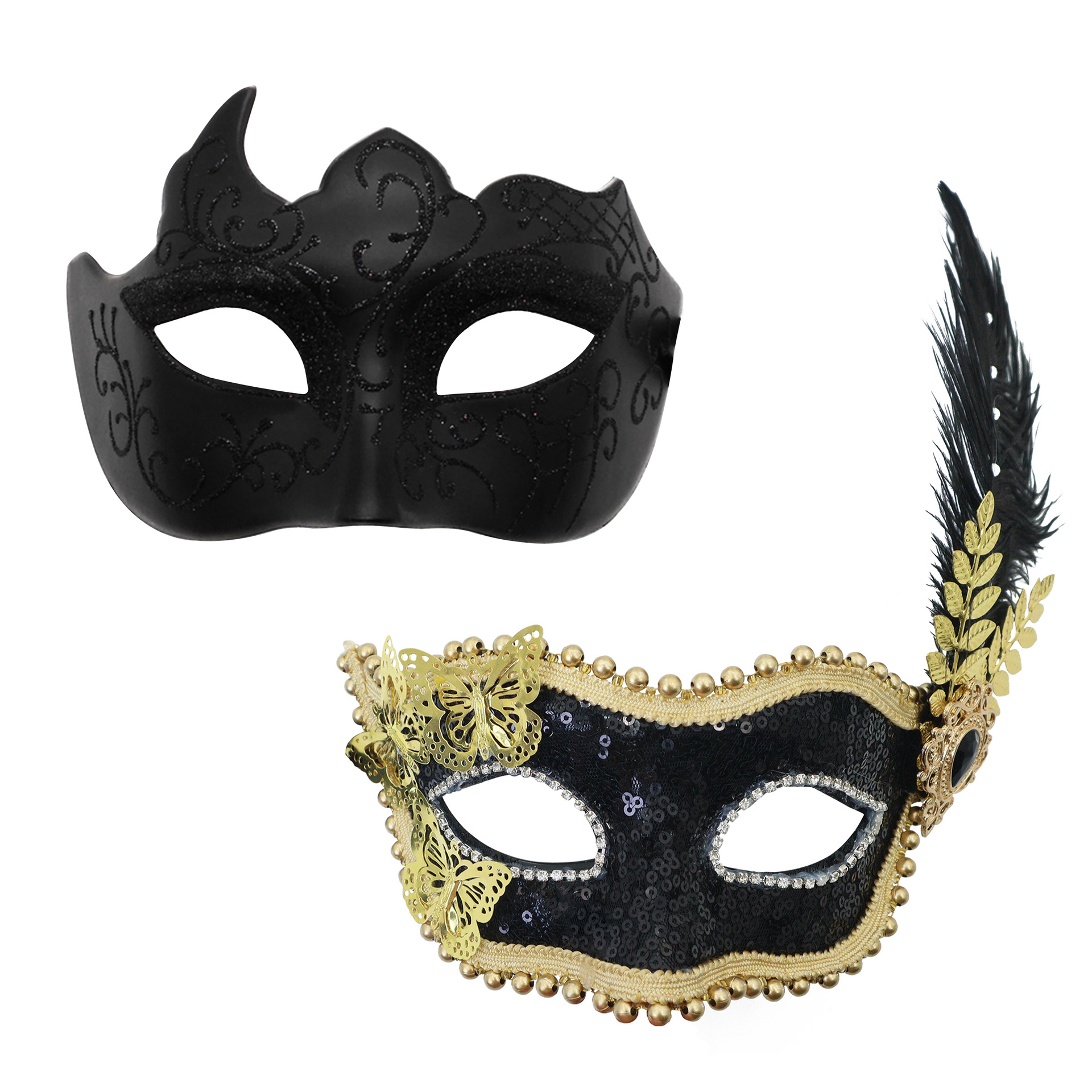 Amazon venta caliente carnaval borde lateral plumas metálicas mariposas retro máscaras de mitad de cara romana baile de maquillaje