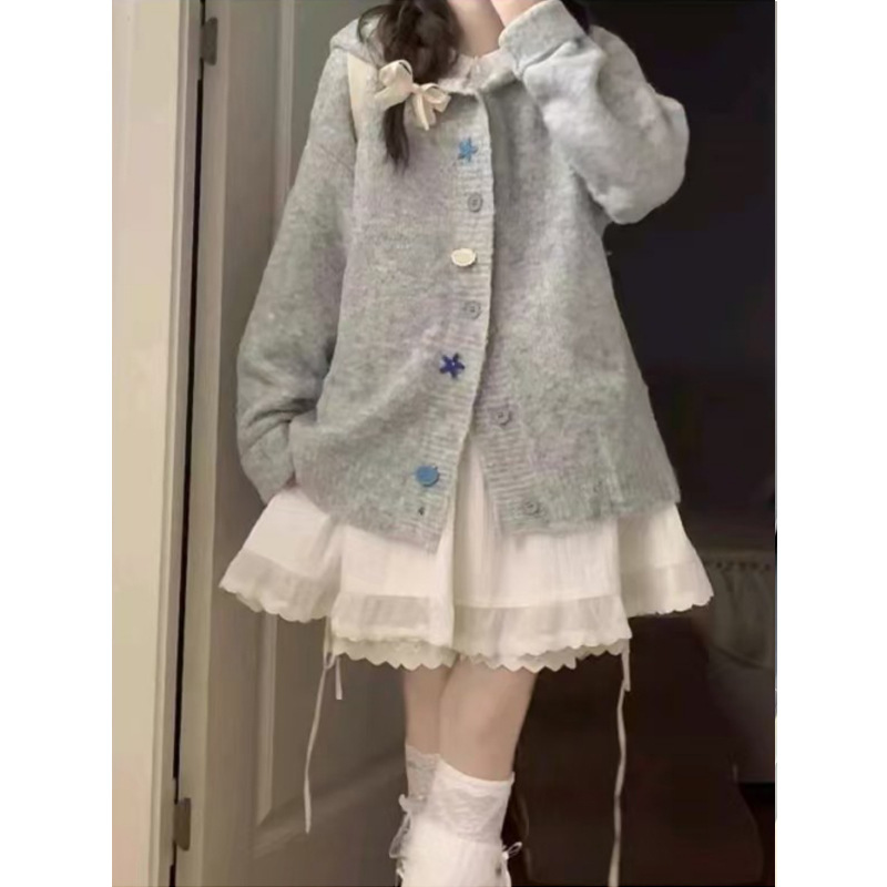 早秋2025新款春秋灰色连帽针织开衫毛衣外套女秋季宽松韩系慵懒风|undefined
