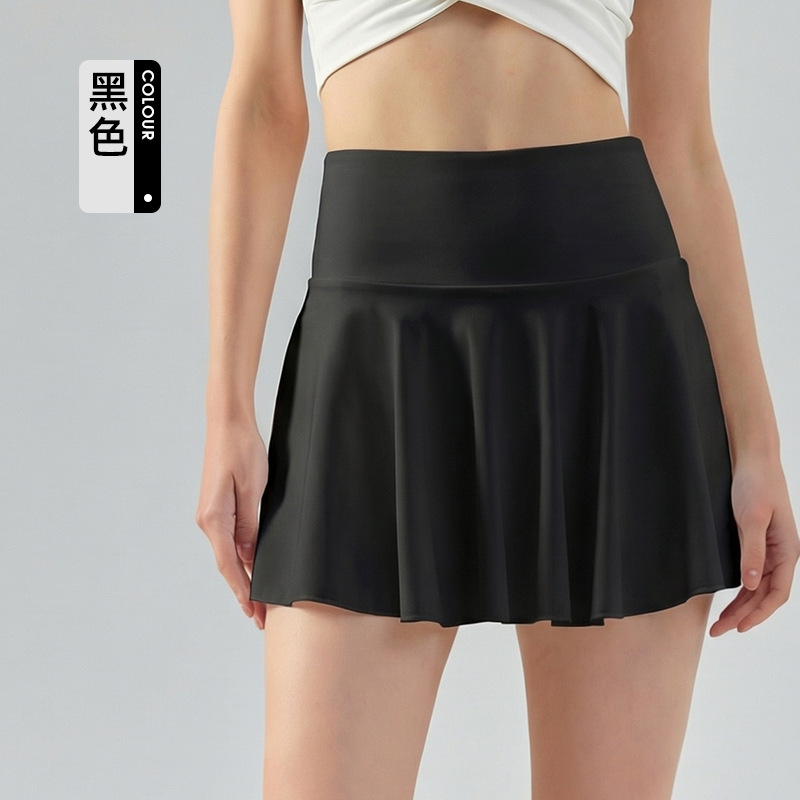 Falda corta de yoga de dos piezas de imitación de color sólido transfronterizo para mujer, cintura alta, control de abdomen, antiexposición, falda de tenis ondulada, pantalones cortos deportivos para fitness.