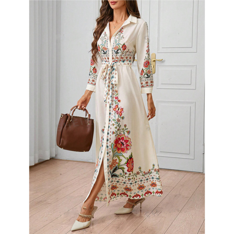Cross-border 2024 Amazon Europe and America Clasi Women's Flower Print Long Sleeve Simple Super Long Casual dress