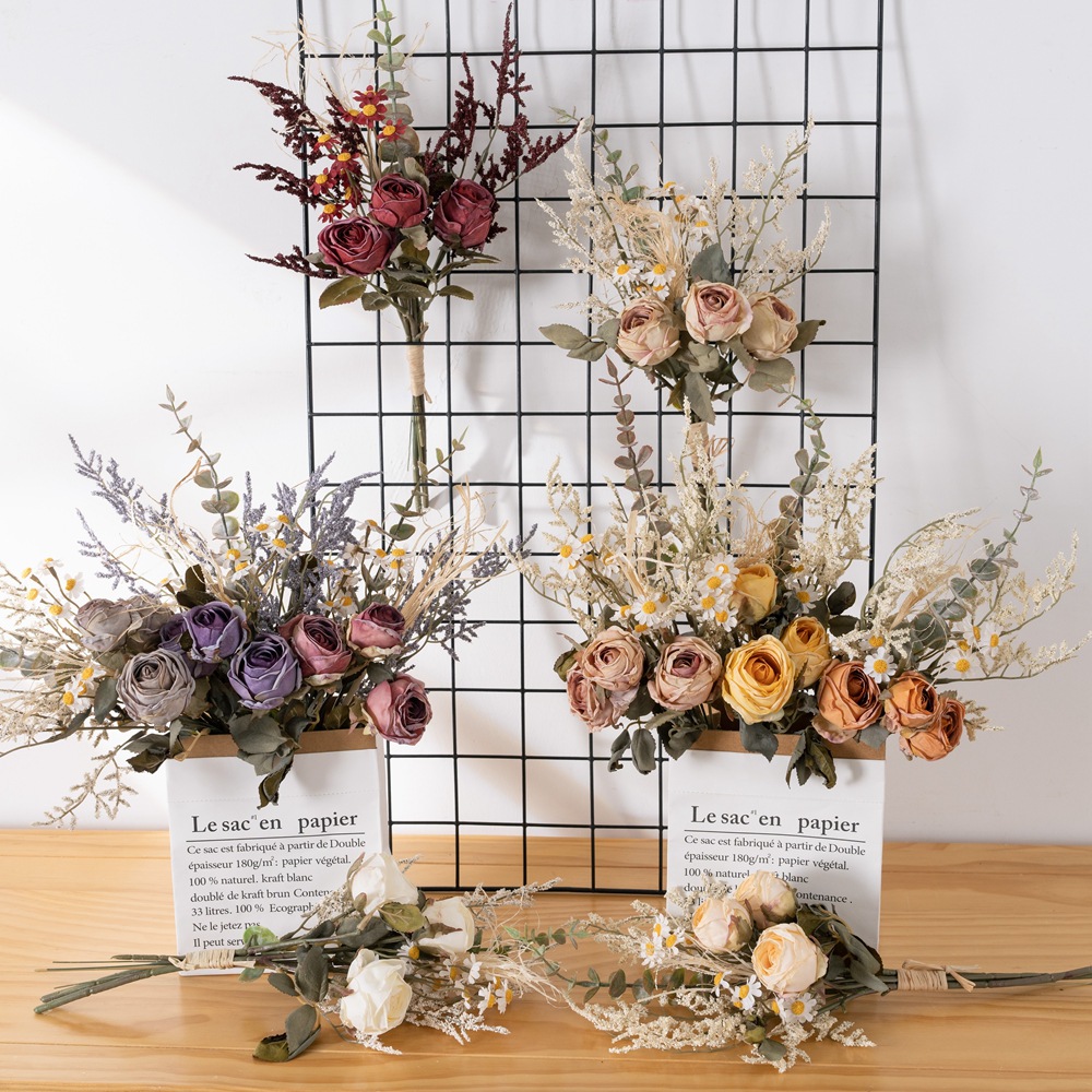 Cross-border fake flower smile dry-burned rose bouquet artificial flower home decoration bouquet rose wall MW57894
