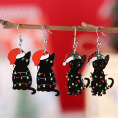 クロスボーダー新作クリスマス帽子イルミネーション黒猫ペンダントイヤリング木製両面耳飾りクリスマスプレゼント