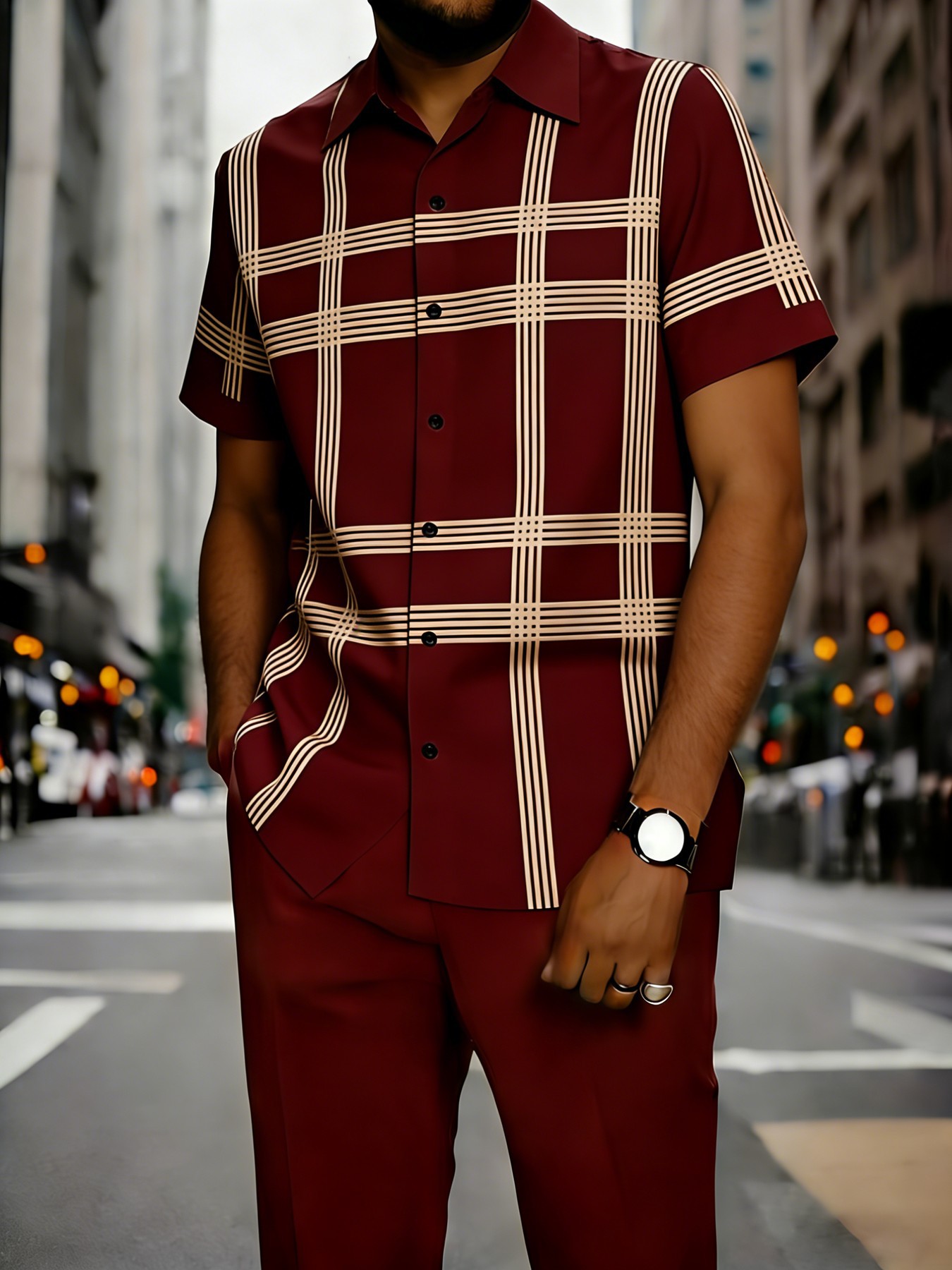 Men's Clothing Men's Commuter Style Short Sleeve Shirt And Shorts Set Collared Geometric Print Spring Summer_viptrois.com