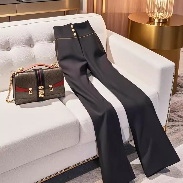 Black Women's Pants Trendy Relaxed High-Waisted Slimming Straight Leg Slightly Flared Design Perfect For Spring 2025_voghion.com