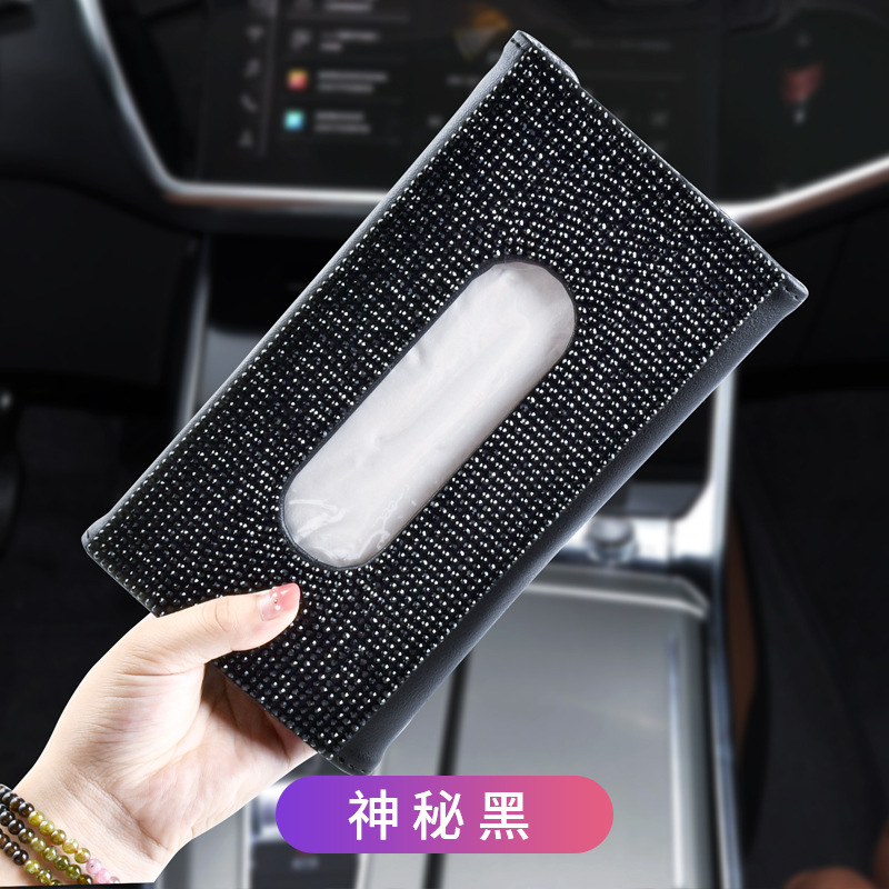 Caja de pañuelos de visera de coche asiento trasero de cuero clip de tejido incrustado de diamantes de imitación de mujer de moda creativa caja de pañuelos de coche image 13