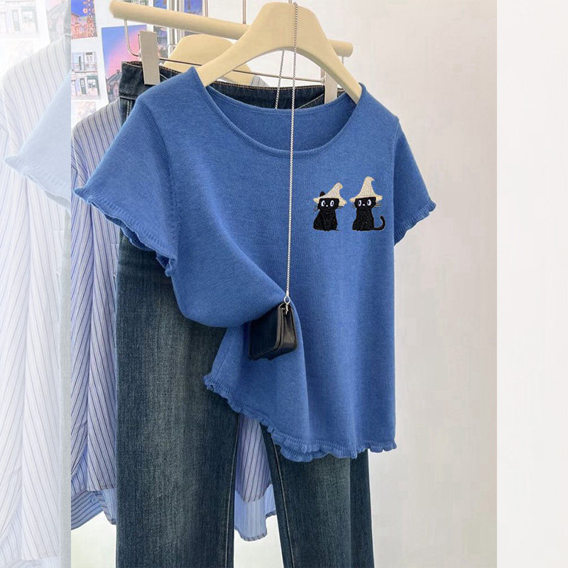Korean Style Embroidered Black Cat Ice Silk Short-Sleeve T-Shirt for Women, Unique and Trendy Versatile Top for Summer 2026 Korean Style Embroidered Black Cat Ice Silk Short-Sleeve T-Shirt for Women, Unique and Trendy Versatile Top for Summer 2026
