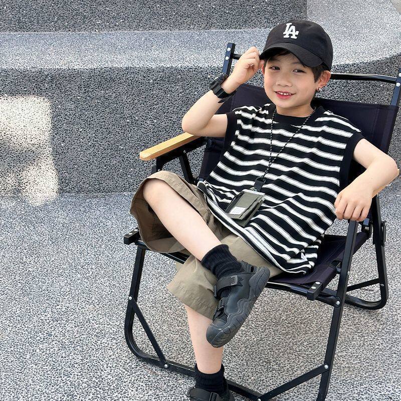 New cross-border summer style boys' cotton sleeveless vest, loose striped short-sleeved t-shirt, dopamine-enhancing