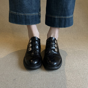 Spring and Autumn 2024 New Genuine Leather Shoes Women's Shoes with Metal Buckle British Style Thick Bottom Black Thick Heeled Shoes
