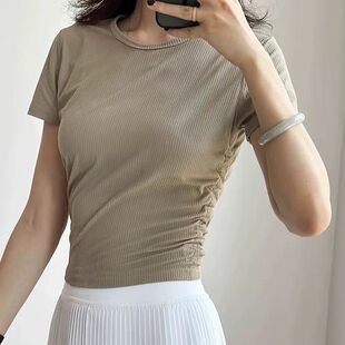 New Yoga Clothes Ribbed Nude Soft Waxy Slimming Fitness Short-Sleeved Breathable Pilates Training Clothes