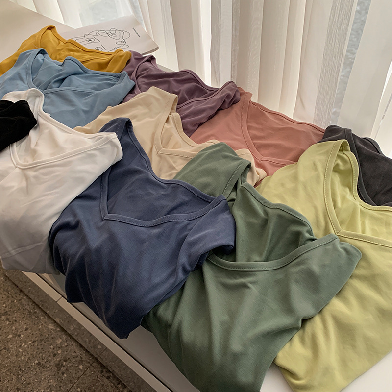 Basic Cool Copper Ammonia Round Neck Short-sleeved T-shirt Women's Spring and Summer Loose V-neck Draped Ice Silk Solid Color Base Top