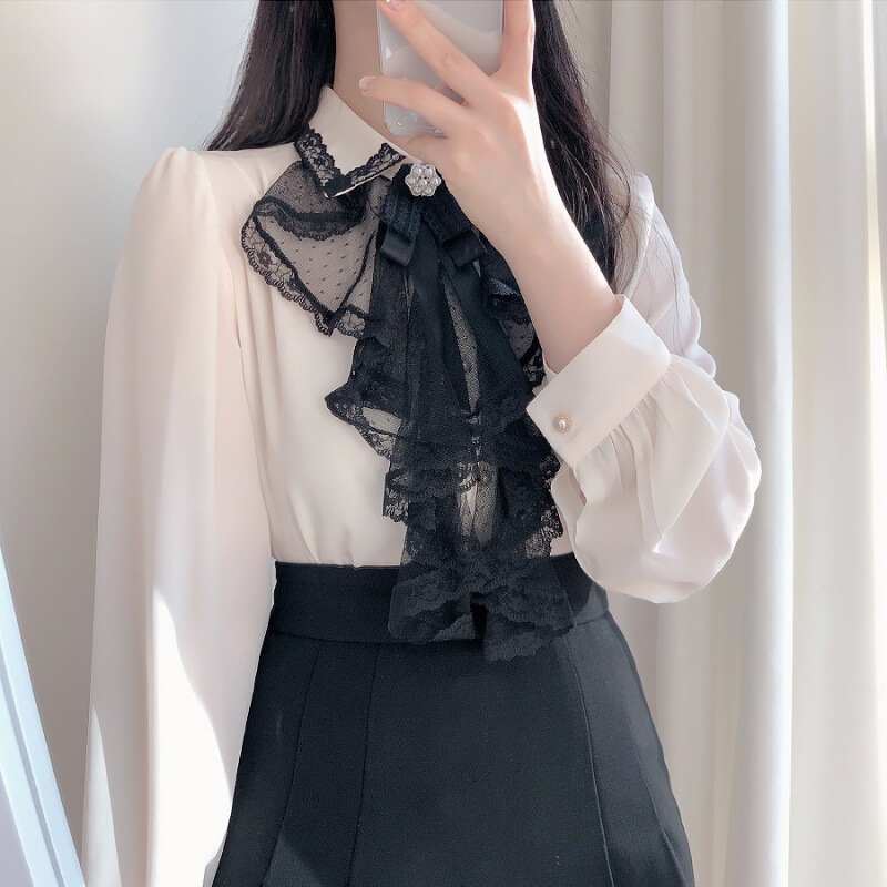 Summer new retro sweet temperament long-sleeved shirt Women's bow lace ruffled loose slimming shirt