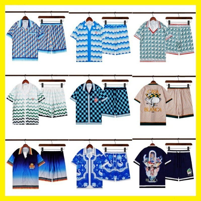 Casablanca Summer Thin Men's Short Sleeve Shirt Set 2024 Retro High Street Hip Hop Beach Pants Set