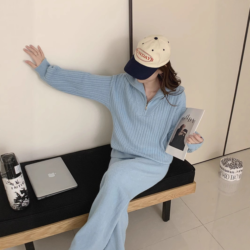 休闲时尚针织套装女外贸新款竖条半拉链针织衫上衣+阔腿裤两件套|undefined