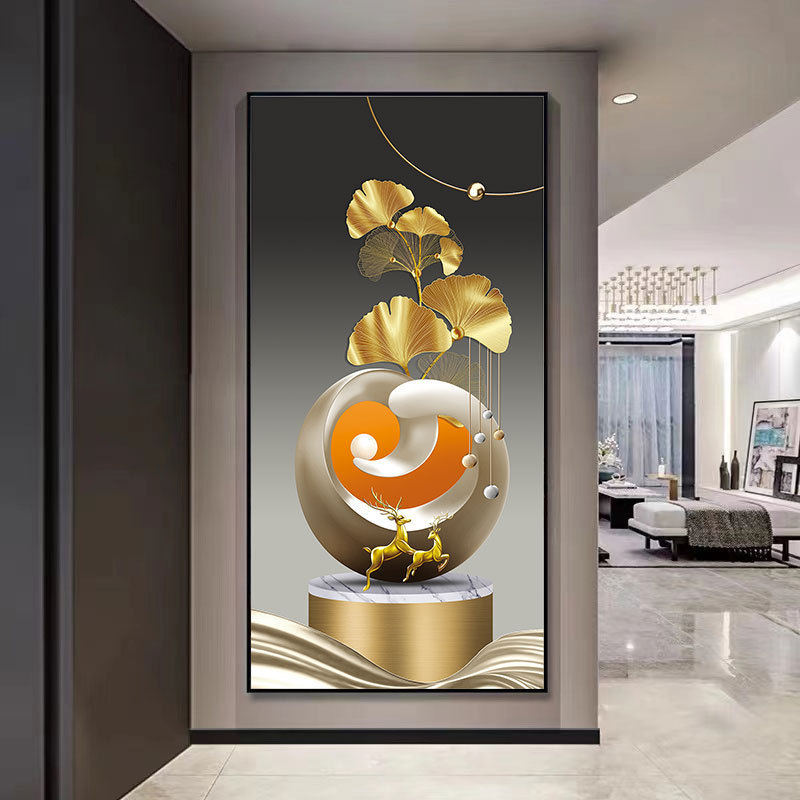 Pintura decorativa de vestíbulo de lujo ligero de alto nivel de alce hojas doradas pasillo colgar pintura de la sala de patrón colgar pintura suave
