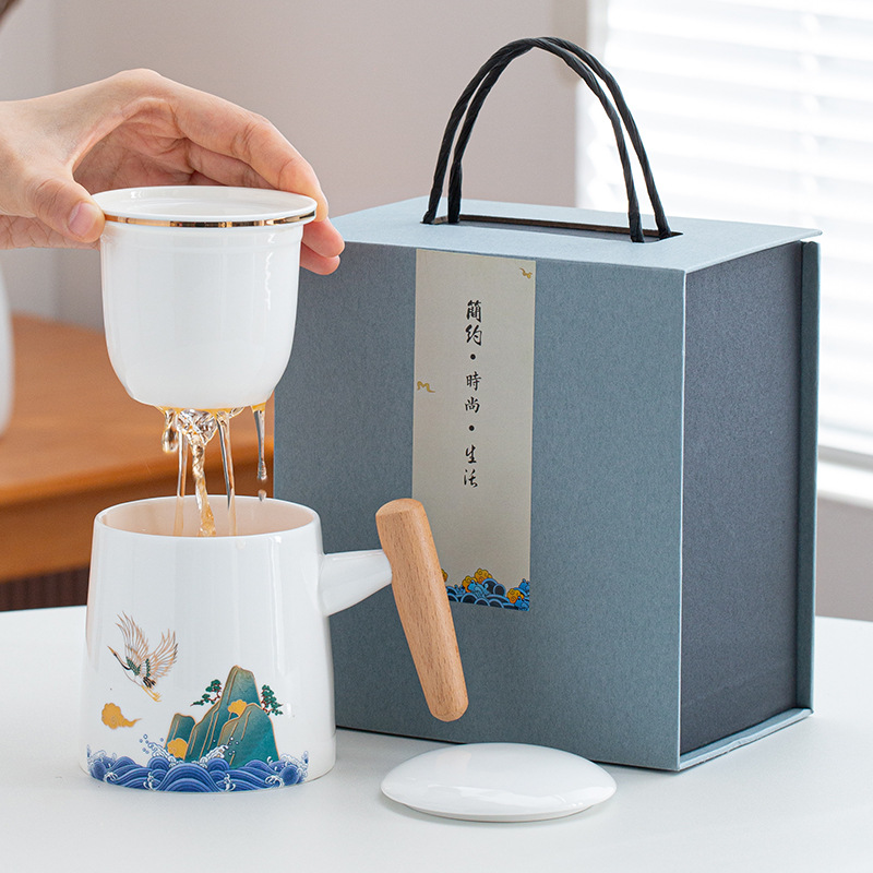 國潮陶瓷辦公杯茶水分離泡茶杯馬克杯千里江山茶水杯商務禮品禮盒