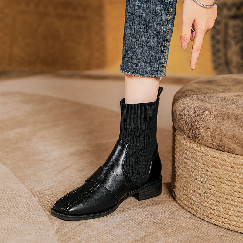 Elastic knitted demi-season retro brown low boots square toe