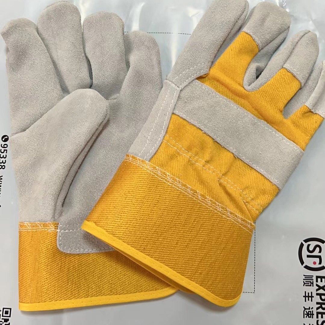 CE江苏厂家黄胶袖AB级牛二层皮革安全防护君泰电焊劳保工作手套