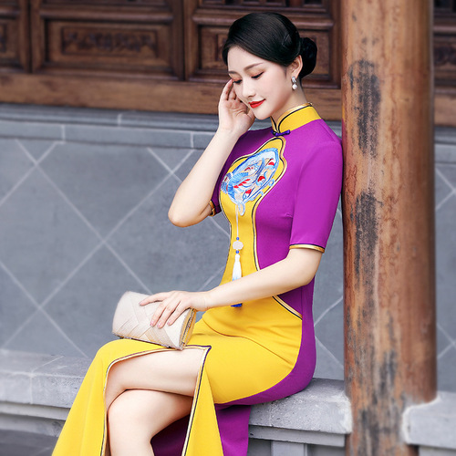 Yellow violet cheongsam Chinese  Dresses cheongsam oriental Qipao young new high-end atmospheric wind Chinese morality dress shows host performance