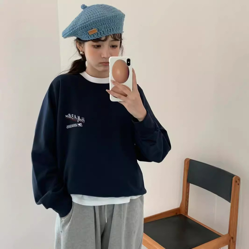 Eggshell Loose Basic Color Versatile Round Neck Pullover Autumn Navy Sweatshirt with Lettering and Cuffed Sleeves Long Sleeve Eggshell Loose Basic Color Versatile Round Neck Pullover Autumn Navy Sweatshirt with Lettering and Cuffed Sleeves Long Sleeve