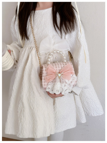 Children's Bags for Girls, New Pearl Chain Cute Shoulder Bag, Princess Butterfly Bow Handheld and Crossbody Bag