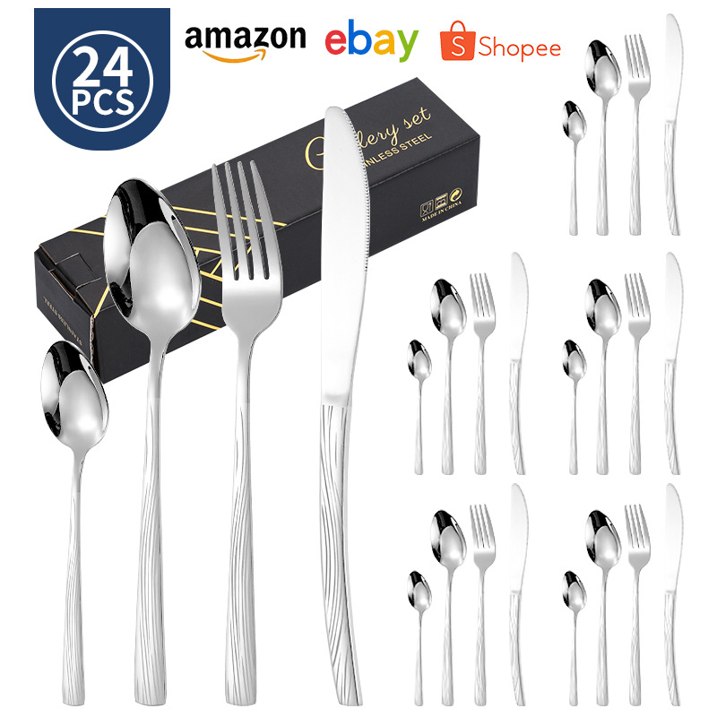 Juego de vajilla de 24 piezas de cuchillo y tenedor de acero inoxidable de venta caliente transfronteriza caja de regalo cuchara de comida occidental de Amazon dorada chapada en titanio
