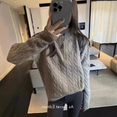 RL秋冬半拉链立领针织上衣加厚毛衣女宽松慵懒扭花羊毛衫外穿拉夫