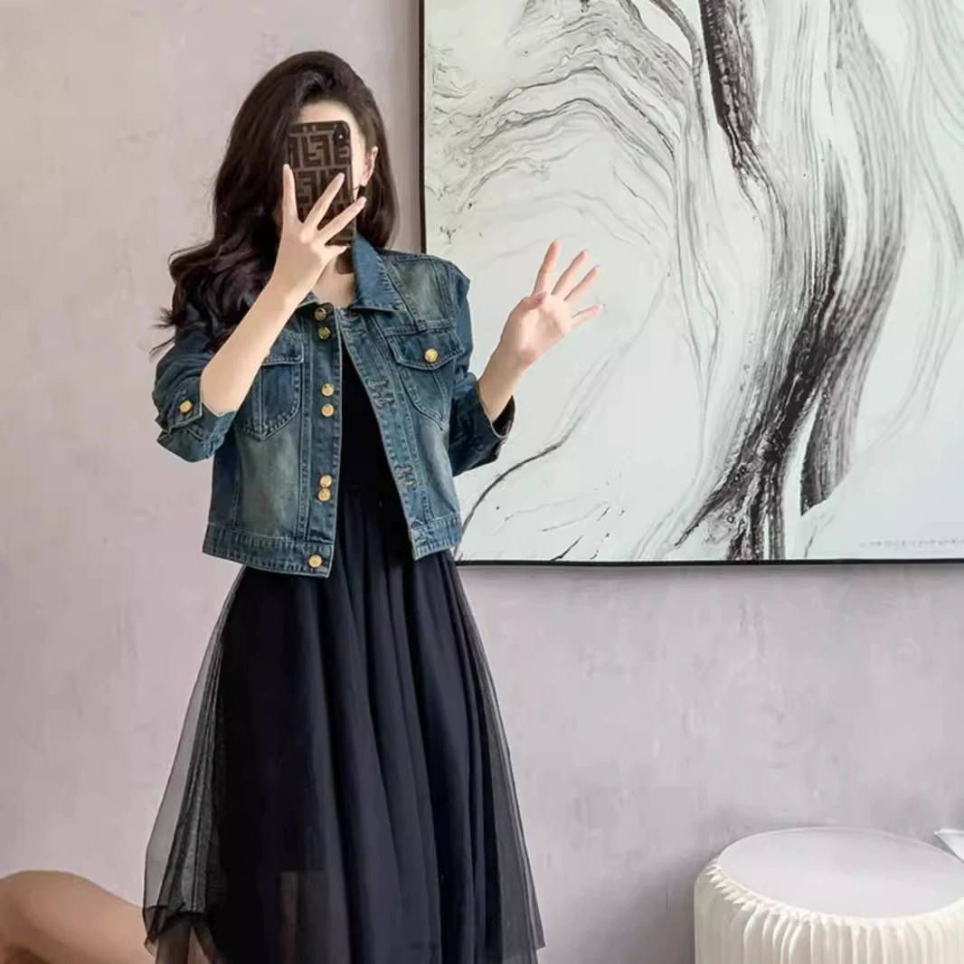 Джинсовая куртка, облегающий ретро модный длинный рукав, корейский стиль, интернет-знаменитость