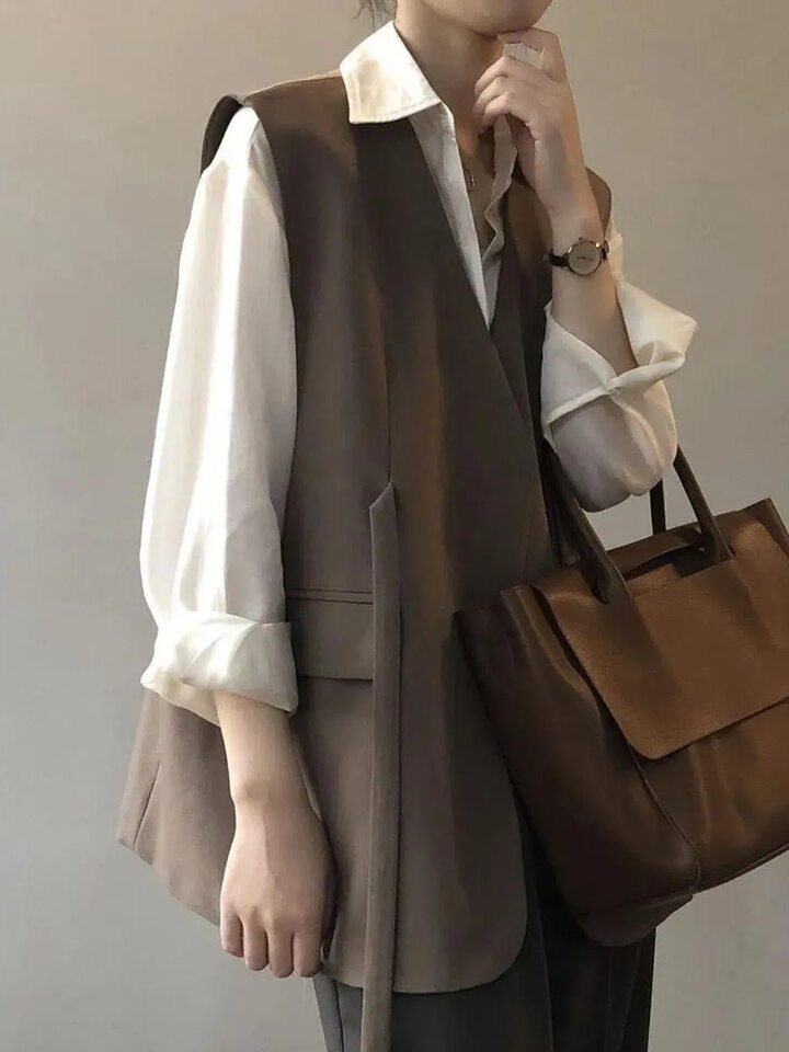 Áo vest nữ dáng rộng cỡ lớn phối lớp phong cách thanh lịch, dài áo 50–65 cm — Kích thước thẻ màu nâu nhỏ, Thẻ đen kích thước nhỏ