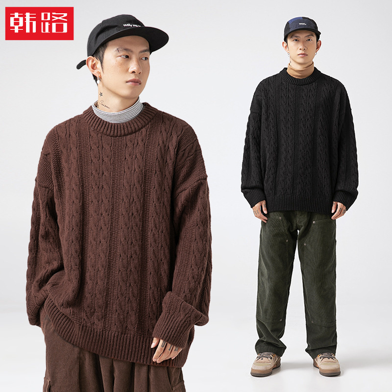 Korean-Style Men's Cable-Knit Solid Color Crew Neck Sweater, Unisex Autumn and Winter Loose Retro Knitwear Jacket Korean-Style Men's Cable-Knit Solid Color Crew Neck Sweater, Unisex Autumn and Winter Loose Retro Knitwear Jacket