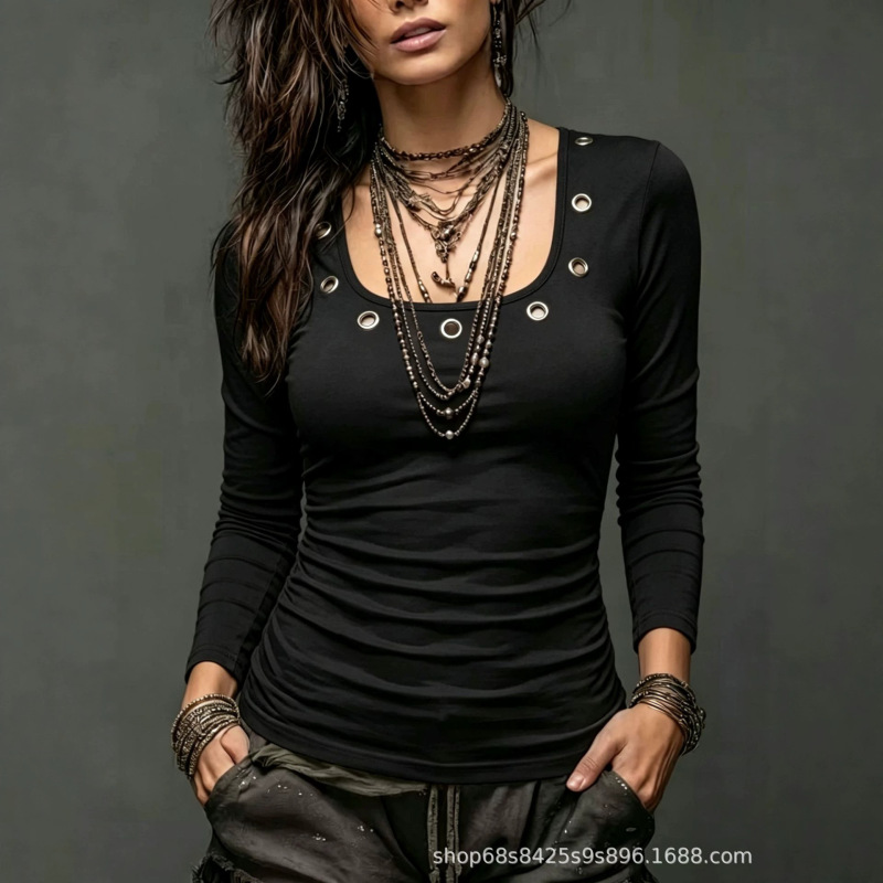 Amazon European and American Y2K retro long-sleeve T-shirt for women, large round neck with metal eyelet decoration, slim fit, stretchy, sexy base layer Amazon European and American Y2K retro long-sleeve T-shirt for women, large round neck with metal eyelet decoration, slim fit, stretchy, sexy base layer