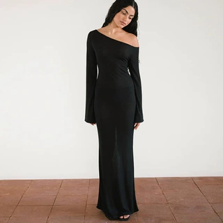 欧美女装2024秋季时尚气质优雅斜肩长袖连衣裙女纯色性感礼服长裙