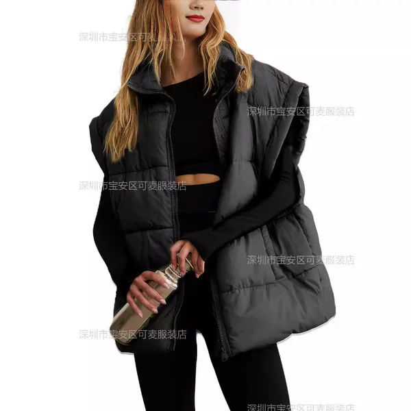 2024 Autumn and Winter Amazon Independent Station Women's Fashion Loose Sleeveless Zipper Solid Color Cotton Vest Women's Cotton-padded Jacket