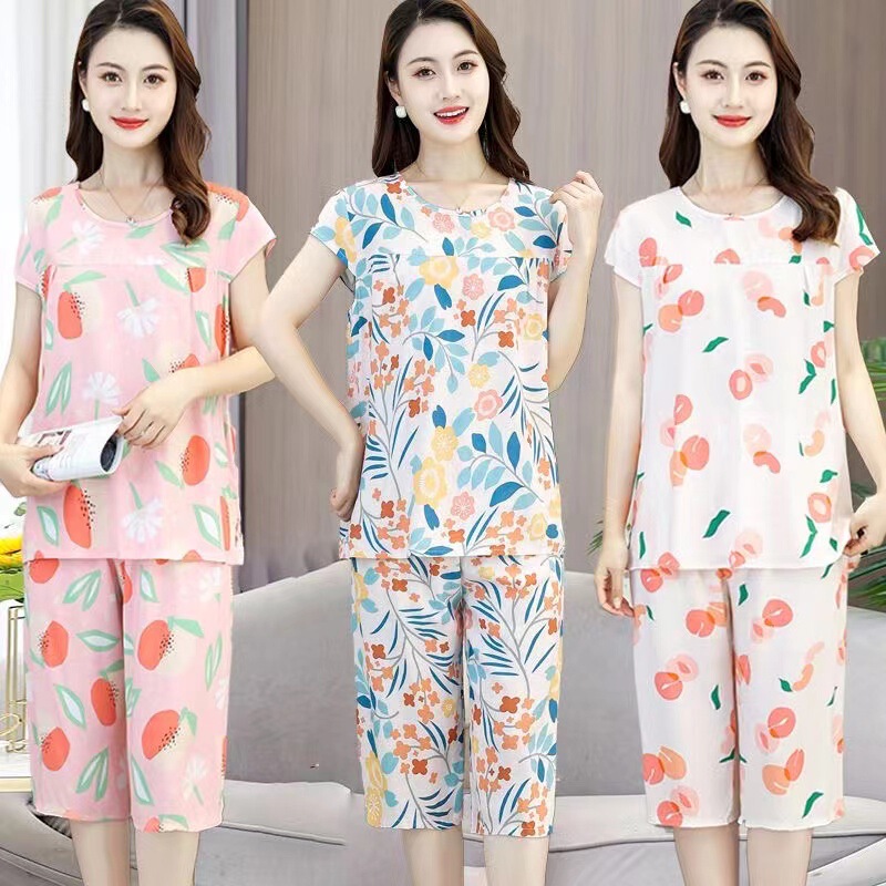 Women's cotton silk pajamas for moms summer thin artificial cotton home wear for middle-aged and elderly 2023 new short sleeve two-piece suit Women's cotton silk pajamas for moms summer thin artificial cotton home wear for middle-aged and elderly 2023 new short sleeve two-piece suit