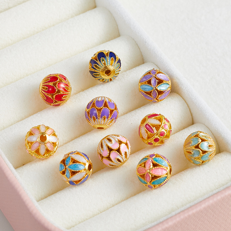 合金镀金色滴油珐琅手链项链串珠diy饰品配件散珠镂空花朵圆珠