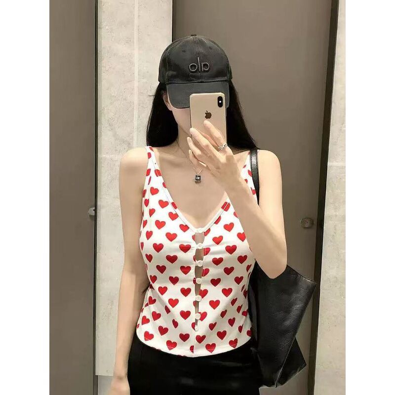 Super Hot Item~ Shop Owner Recommended! New Stylish Button Heart Print Slim-Fit Short Camisole Top Super Hot Item~ Shop Owner Recommended! New Stylish Button Heart Print Slim-Fit Short Camisole Top