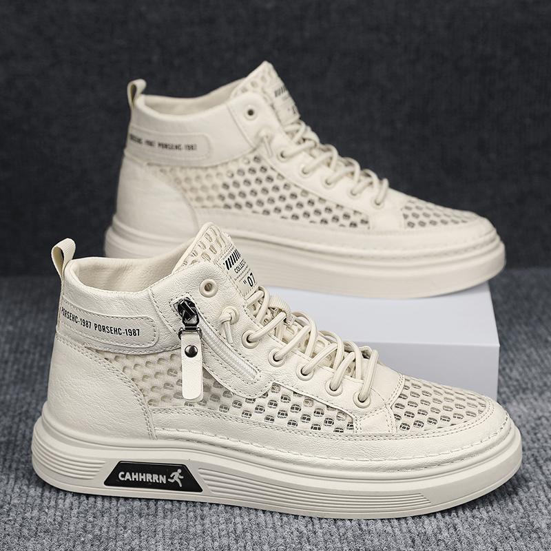 Una pieza de sonido tembloroso promueve la red de zapatos de skate de alta altura huecos transpirables, zapatos de moda de estudiantes casuales de red para hombres.