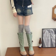 秋冬韩国东大门版粗双针并线竖条纹简约纯色长筒过膝袜靴套堆堆袜