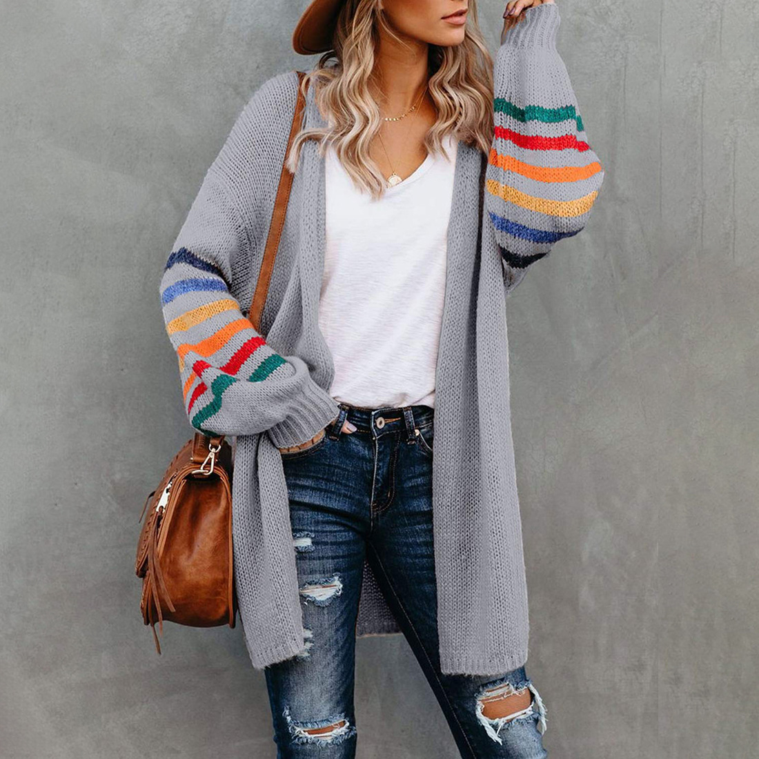 Mid-Length Striped Loose Knit Cardigan NSPZN105148