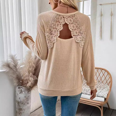 European and American cross-border 2025 new women's back spliced ​​lace lace hollow rag sleeve long sleeve T-shirt top for women