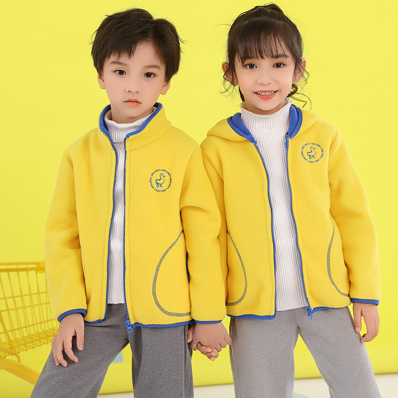 Children's Fleece Jacket Autumn And Winter Boys And Girls Clothes Tops Stand Collar With Hat Warm Coats
