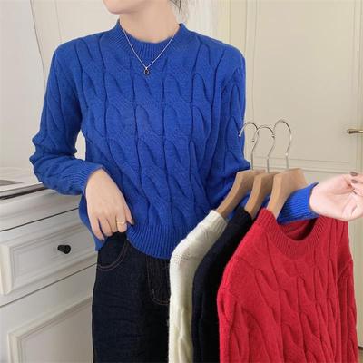 2022秋冬韩版宽松圆领长袖短款毛衣女新款外穿慵懒麻花纯色上衣潮|ru