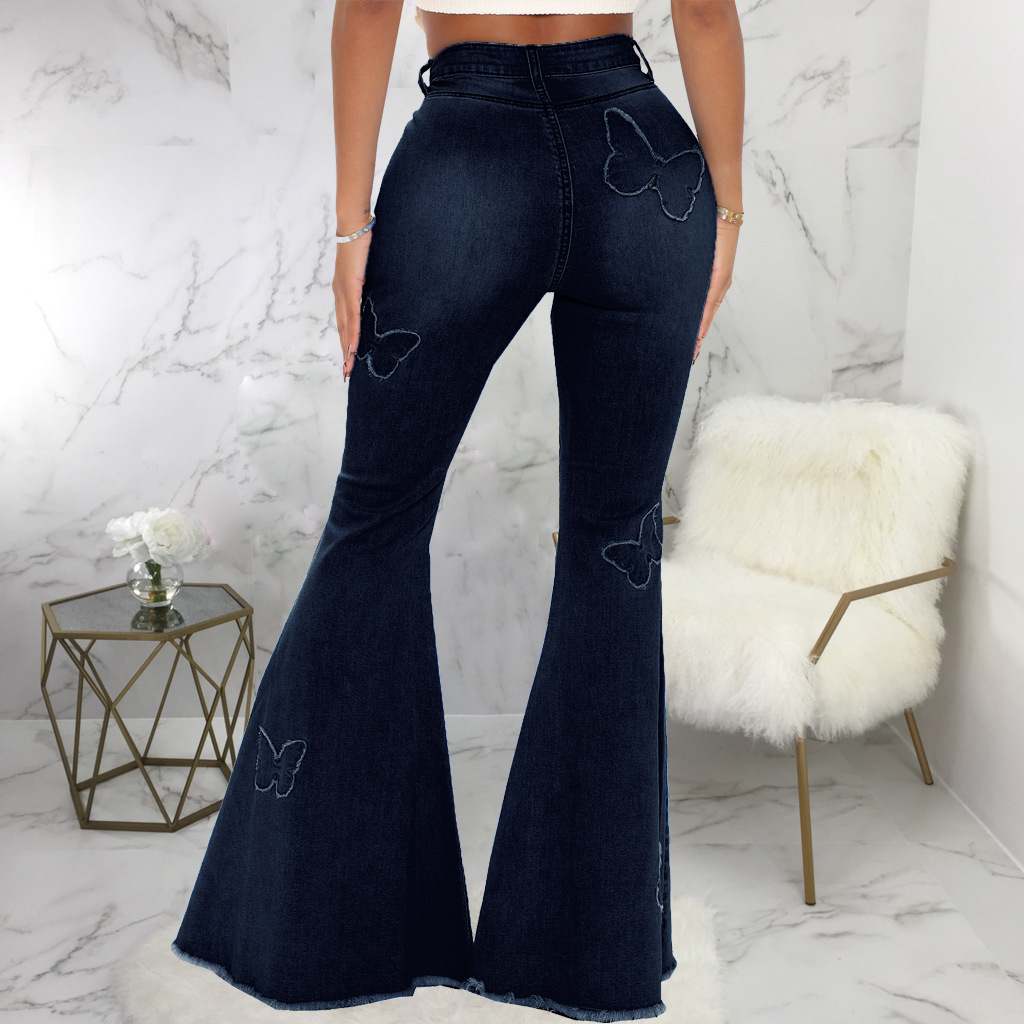 butterfly print wide-leg stretch jeans nihaostyles wholesale clothes NSSF88980