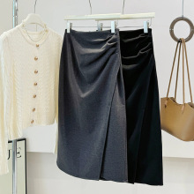 灰色不规则褶皱毛呢半身裙女2025新款秋冬高腰显瘦直筒开叉中长裙