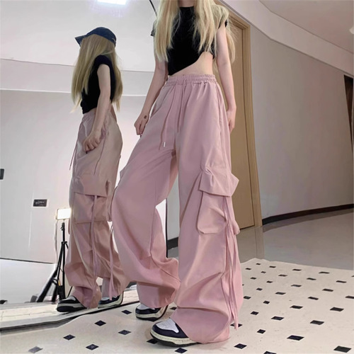 Vintage American-style women's unique work pants with 3D pockets, straight waist, straight-leg wide-leg fringe loose casual floor-length pants