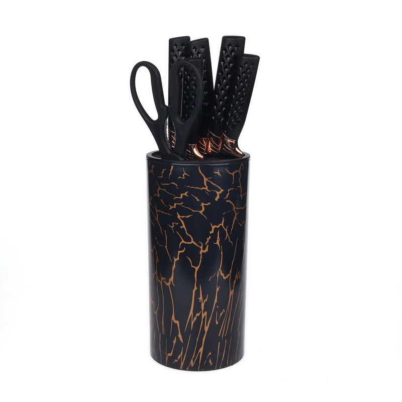 Inventario negro dorado barril de acero inoxidable cuchillo set de siete piezas cuchillo de cocinero cuchillo de pan